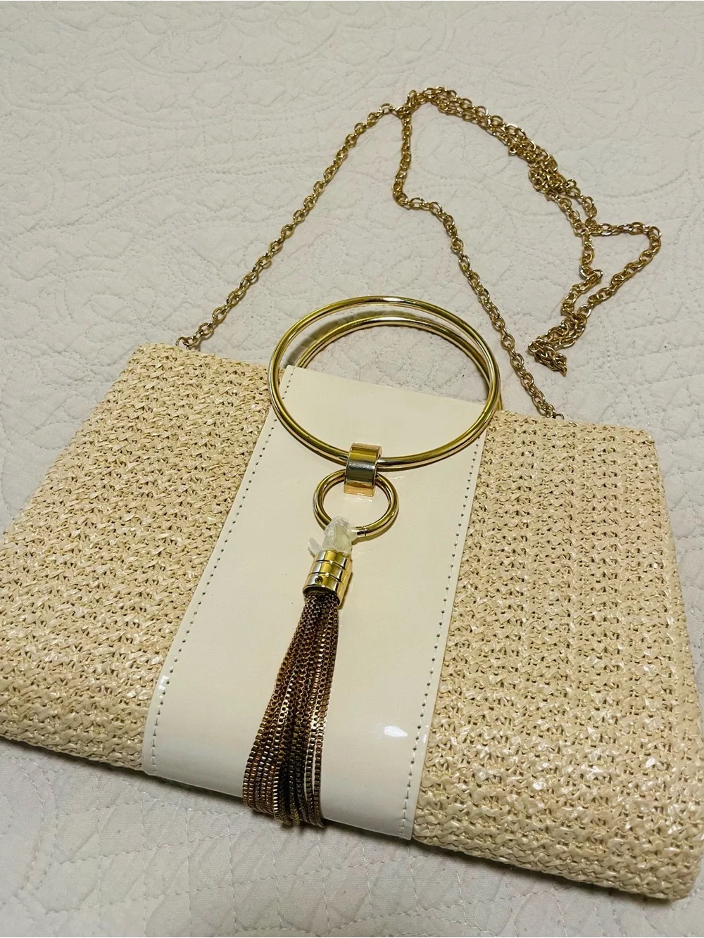 Neutral Straw Crossbody Bag with Gold Ring & Tassel